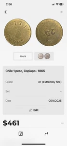 Chile 1 Peso Copiapo, Rare 1800s, Fine Grade, Vintage Coin - Picture 1 of 3