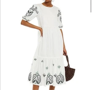 Tory Burch Peasant Shift Maxi Dress Womens XL Embroidered White Boho Beach Party - Picture 1 of 12