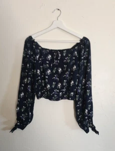 EMODA Womens Long Sleeve Cropped Navy Floral Crop Top Juniors Size F Free Size - Picture 1 of 14