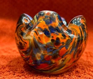 Orange/blue Colored Swirled Hand Blown Art Glass Pinch Bowl/Vase - Picture 1 of 8