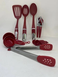 KitchenAid 7pcs Red Non-Stick Cooking Utensils Tongs Spoon Measuring Cups Used - Picture 1 of 3