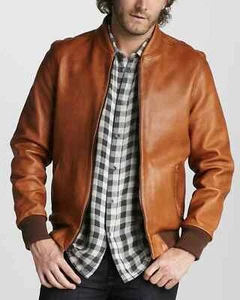New Men's Tan Zipper Bomber Styling Soft Sheepskin Leather Jacket Elastic Waist - Picture 1 of 5