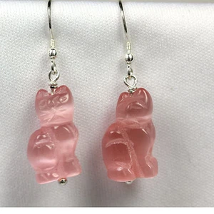 Pink Catseye Glass Cat Earrings-Austrian Crystal-.925 SS French Wires - Picture 1 of 1