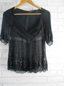 Reiss womens top blouse black beaded 8 short sleeve v-neck - Picture 1 of 8