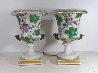 PORCELAINE DE PARIS Paire de grands Vases Lampes Medicis decor Floral XIXe - Photo 1/4