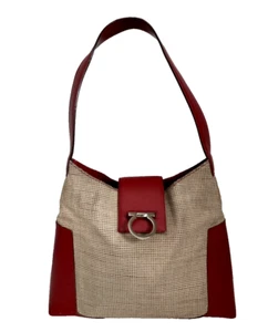 Vintage Y2K Salvatore Ferragamo Beige Maroon Leather Hobo Tapestry Shoulder Bag - Picture 1 of 17