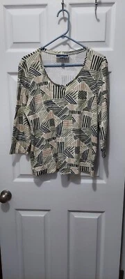 Karen Scott Green Biege Striped T-Shirt Size Lg Long Sleeve  - Image 1 of 4