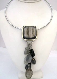 Chico's Gray Lucite Dangle Beads Silver Tone Torque Pendant Necklace 16" + 4" ex - Picture 1 of 7