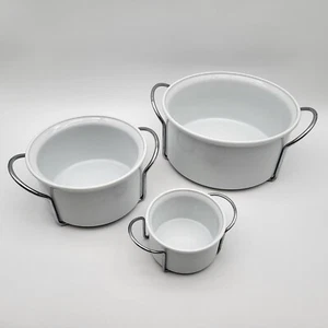 Bodum White Porcelain Hot Pot Nesting Casserole Bowls W/Metal Stand Carrier HTF - Picture 1 of 14