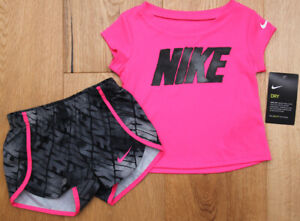 Nike Toddler Girl Shirt & Shorts Set ~ Neon Pink, Gray & Black ~ DRI-FIT