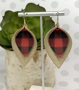 Faux Vegan Leather Gold Red & Black Buffalo Plaid Teardrop Dangle Earrings Check - Picture 1 of 5