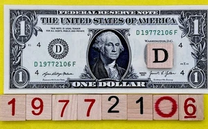 1977 21 June Birthday Date Note 19772106 Fancy Serial Number $1 Dollar Bill - Picture 1 of 7
