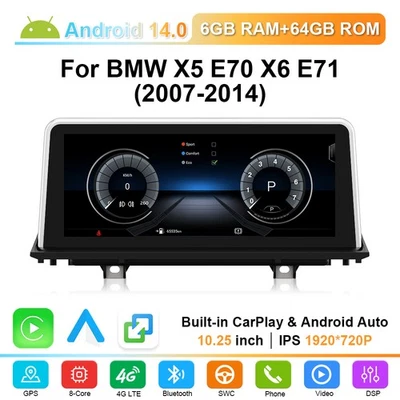 10.25" Android 14 Autoradio CarPlay 64GB GPS Navi DAB+ Für BMW X5 E70 X6 E71 CCC - Bild 1 von 4