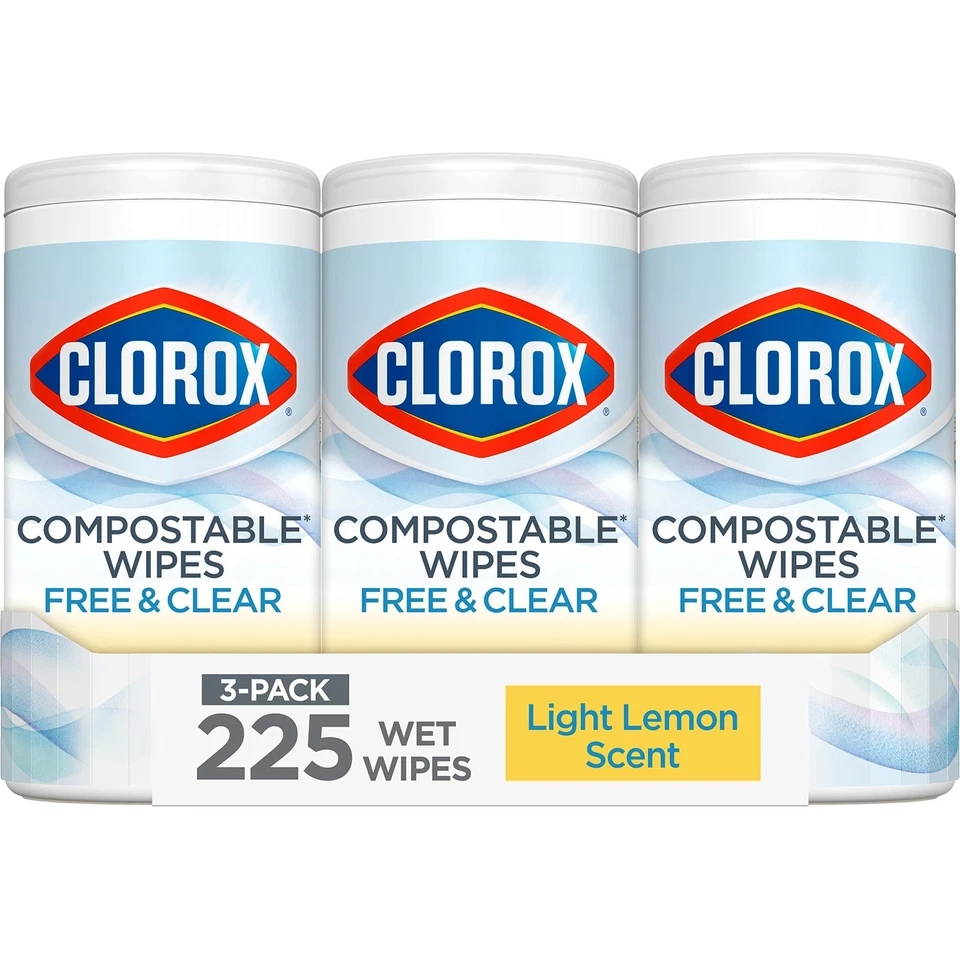 3 PACK Clorox Compostable All-Purpose Cleaning Wipes Simply Lemon 75 Count