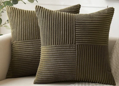 Pair 20x20 Olive Green Chenille Corduroy Patchwork Stripe Pillow Covers #J4 - Image 1 of 2