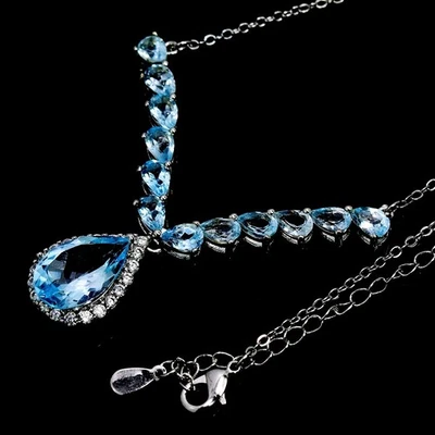 GENUINE AAA SKY BLUE TOPAZ & WHITE CZ STERLING 925 SILVER NECKLACE 16.25-18." - Image 1 of 4