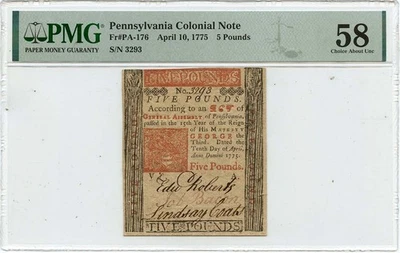 1775 April 10, 5 Pds Pennsylvania Colonial Note FR#PA-176 PMG AU58 Workhouse - Image 1 of 2