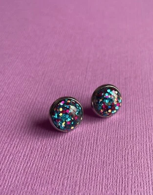 Glitter Resin Dome Stud Earrings, Pink Blue Silver, Bezel, Stainless Steel, 14mm - image 1 of 4
