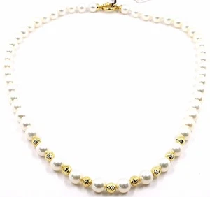 COLLANA, CHIUSURA ORO GIALLO 18K, PERLE BIANCHE 7-7.5 MM, SFERE LAVORATE - Foto 1 di 8