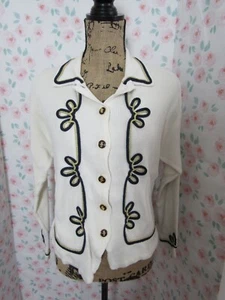 CASUAL CORNER, WOMEN'S BEIGE/NAVY ACRYLIC BL LONG SLEEVED CARDIGAN SWEATER, SZ M - Picture 1 of 8