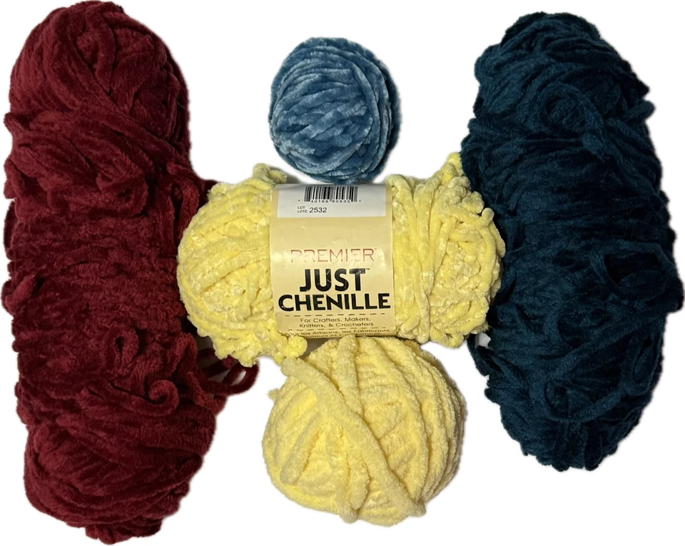 CHENILLE YARN LOT TOTAL OF 13.2 Oz  = Dk Red, ,Blue, Yellow Ball , Yellow Skein - Image 1 of 4