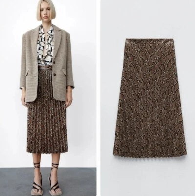 Zara Brown Faux Leather Animal Snakeskin Pleated Midi Skirt Size Medium BNWT - Image 1 of 4