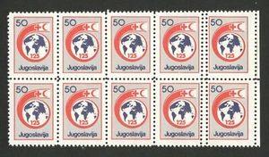 YUGOSLAVIA-MNH BLOCK OF 10 -RED CROSS, 50 din. - ERROR ON PERFORATION -1988.(11) - Picture 1 of 2