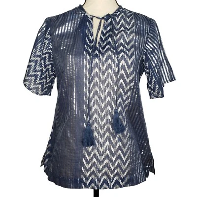 Top Soft Surroundings Brillante XS NUEVO CON ETIQUETAS S/S Azul Plata Rayas Borla Cerradura Foto 1 de 4