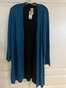 Chico’s Two Toned  Open Front Short Sleeve Maxi Cardigan Size 3 XL Teal Black - Picture 1 of 3