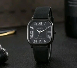 Mens Watch.. Ultra Thin Black Silver Square Face Business Watch Leather Strap UK - Picture 1 of 4