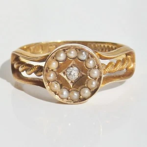 Atemberaubender antiker viktorianischer Ring 18 kt Gold Diamant & Perle um 1885; UK-Größe "K 1/2" - Bild 1 von 8