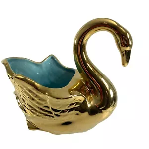 Vintage Fultons Mid Century Modern Schwan Keramik Gold Aqua Schüssel Schmuck Schale 8" - Bild 1 von 8