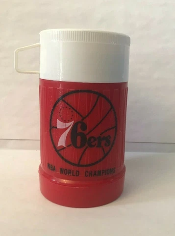 VINTAGE PHILADELPHIA 76ers BASKETBALL Folgers Crystals Coffee THERMOS  NBA Cover