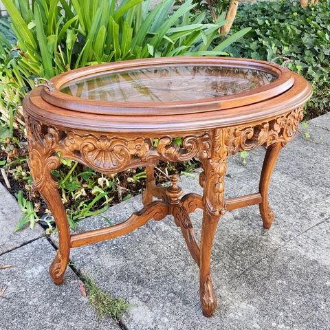 Antique French 1930s Oval Walnut Table Nude Woman Relief Carved Wood Glass Tray Cover