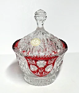 Bohemian 24% Lead Crystal Glass Ruby Red Cut to Clear Round Candy Dish W/ Lid - Picture 1 of 3