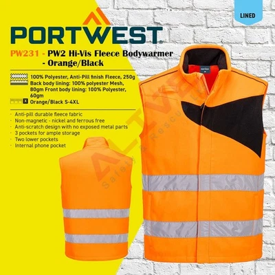 Portwest PW231 PW2 Hi-Vis Fleece Bodywarmer Anti-pill Safety Work Gilet - Orange - Image 1 of 4