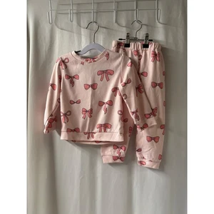 Kids Pink Bow Print Waffle Knit Pajama Set Long Sleeve Top Pants 2T 3T - Picture 1 of 5