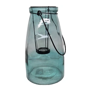 Turquoise Glass Bucket TLight Candle Holder Hang Or Sit 10" - Picture 1 of 5