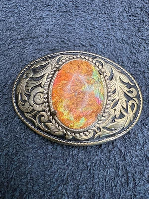 Hebilla de cinturón vintage tono dorado naranja dicroico lucite Foto 1 de 4