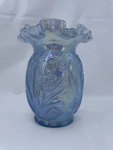 Fenton Light Blue Iridescent Art Carnival Glass Ruffled Top Vase Daffodil USA - Picture 1 of 12