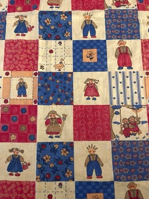 Vintage Erlanger Fabric 27x34 Patchwork Print Rag Dolls Farm Country Red Blue - Image 1 of 4