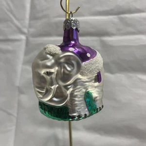 Vintage Polen mundgeblasenes Glas Elefant Ornament Silber Lila Grün - Bild 1 von 5