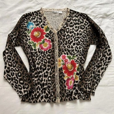 Y2k leopard print red floral sequined lace top with buttons at the front - Image 1 of 4