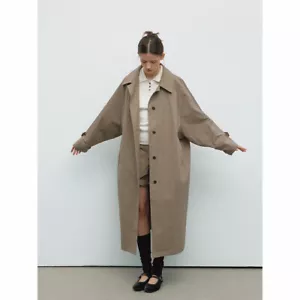Casual Lapel Collar Solid Color Long Trench Coat Womens Single Breasted Loose - Picture 1 of 23