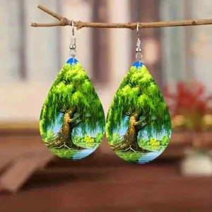Tree Teardrop Earrings Green Natural Wooden Dangle Pendant Jewelry Teen Souvenir - Picture 1 of 2
