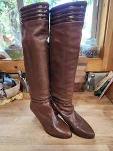 Stivali Vintage Vero Cucio Alti Marroni Pelle Tacco Made in Italy Donna 7M - Foto 1 di 12
