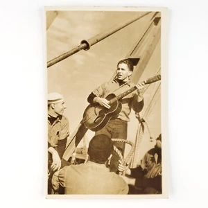 Sailor Playing Guitar RPPC Postcard 1940s WW2 Navy Training Boat Musician D1218 - Picture 1 of 2