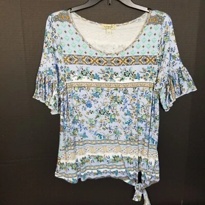 ONE WORLD Floral Horizontal Flared Sleeve Hem Tie Scoop Neck Top Blue Size PL - Image 1 of 4