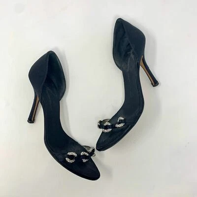 Sandalias Giuseppe Zanotti negras de seda satinada pedrería adorno joya talla 8 Foto 1 de 4