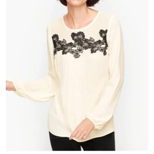 NEW $99 TALBOTS Ivory w/Black Lace Detail Pintucked Popover Blouse Sz S ( 6,8 ) - Picture 1 of 6